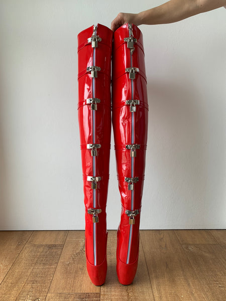 DUNGEON 12-buckle padlocks + 2 Locking Zipper Crotch Thigh Hi Heelless Fetish Ballet Wedge Hoof boots