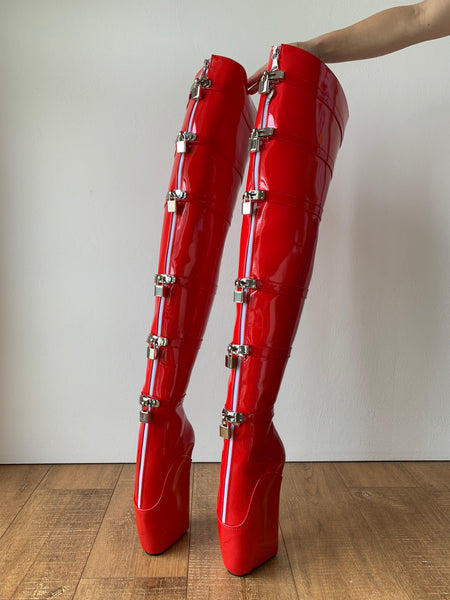 DUNGEON 12-buckle padlocks + 2 Locking Zipper Crotch Thigh Hi Heelless Fetish Ballet Wedge Hoof boots