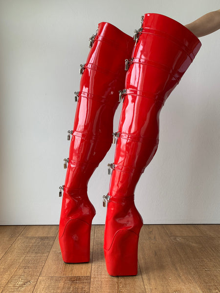 DUNGEON 12-buckle padlocks + 2 Locking Zipper Crotch Thigh Hi Heelless Fetish Ballet Wedge Hoof boots
