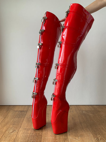 DUNGEON 12-buckle padlocks + 2 Locking Zipper Crotch Thigh Hi Heelless Fetish Ballet Wedge Hoof boots