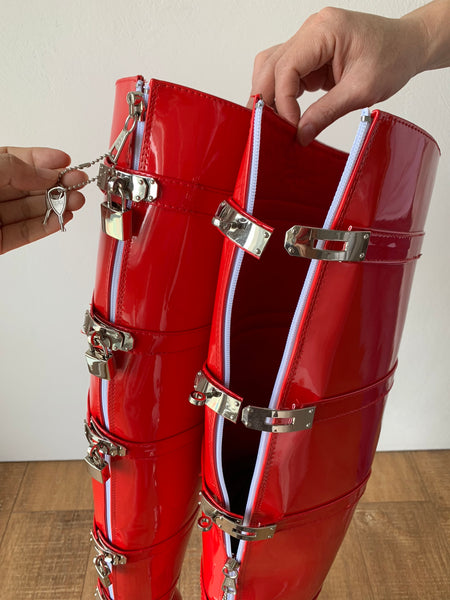 DUNGEON 12-buckle padlocks + 2 Locking Zipper Crotch Thigh Hi Heelless Fetish Ballet Wedge Hoof boots