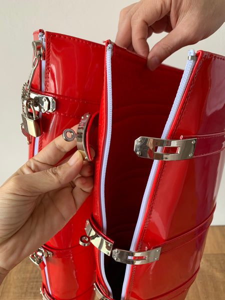DUNGEON 12-buckle padlocks + 2 Locking Zipper Crotch Thigh Hi Heelless Fetish Ballet Wedge Hoof boots