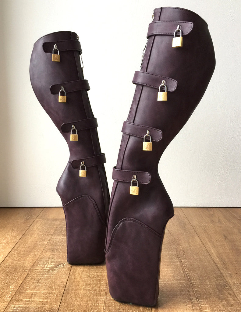18cm 10 keys Lockable Beginner Ballet Wedge Boot Heelless Fetish Purple Rub-Off