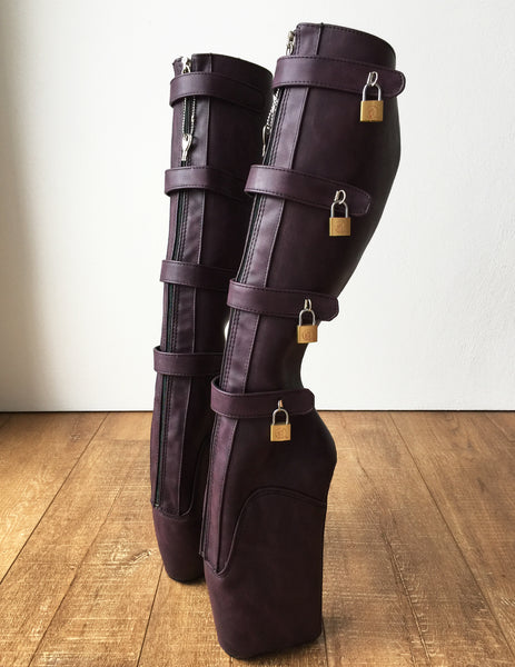 18cm 10 keys Lockable Beginner Ballet Wedge Boot Heelless Fetish Purple Rub-Off