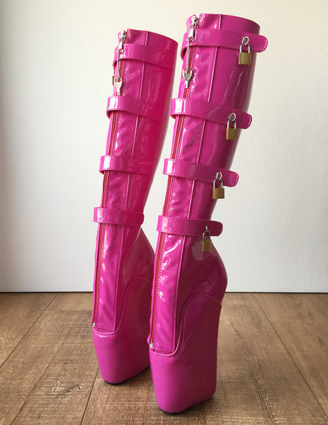 18cm 10 keys Lockable Beginner Ballet Wedge Boots Hoof Heelless Fetish Hot Pink