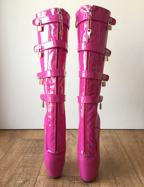 18cm 10 keys Lockable Beginner Ballet Wedge Boots Hoof Heelless Fetish Hot Pink