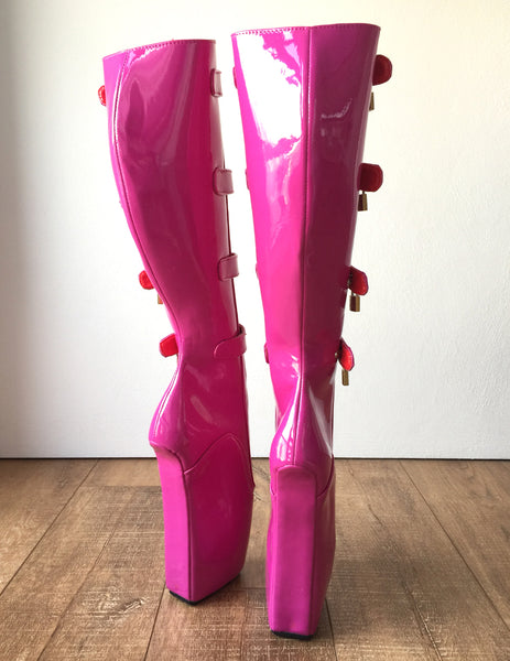18cm 10 keys Lockable Beginner Ballet Wedge Boots Hoof Heelless Fetish Hot Pink