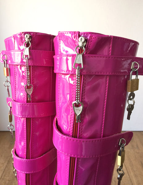 18cm 10 keys Lockable Beginner Ballet Wedge Boots Hoof Heelless Fetish Hot Pink