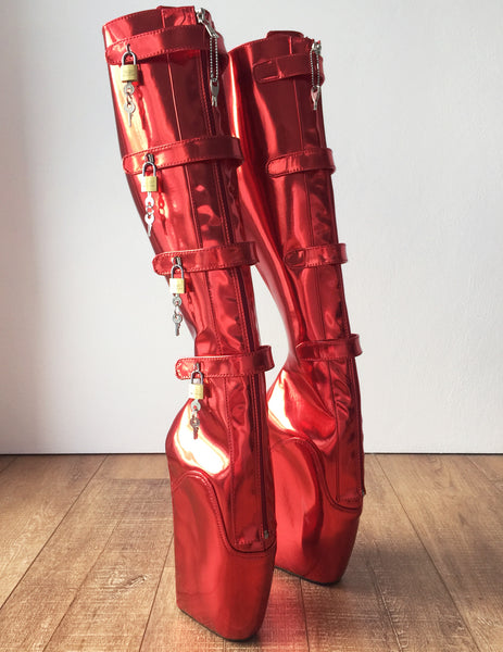 18cm 10 keys Lockable Beginner Ballet Wedge Boot Hoof Heelless Red Metallic