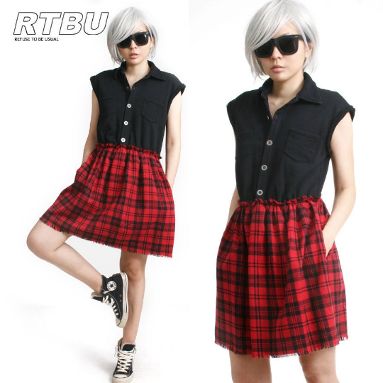 RTBU Cutie Punk Sweatshirt Red Tartan Flannel Button Sleeveless One Piece Dress