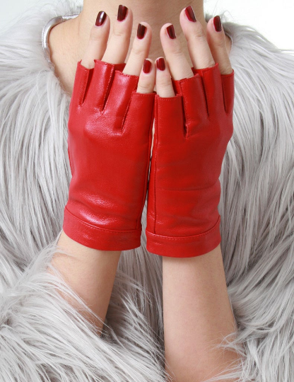 Genuine Leather Lambskin Sheepskin Punk Rocker Biker Dancer Half Finger Snap Button Red