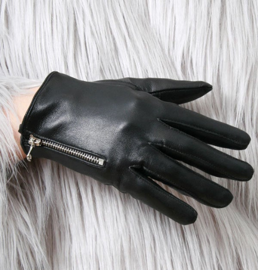 Genuine Leather Lambskin Sheepskin Punk Rocker Biker Dancer Fingers Zip Glove Lined