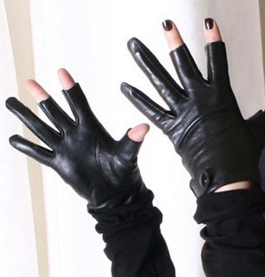 Punk Genuine Leather Lambskin Sheepskin Biker Dancer Fingerless Zip Glove