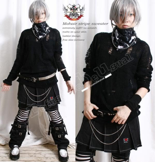 Punk Rock Ripped Broken Ladder Hole Acrylic Mohair Like Sweater Knit Pullover Unisex Oversized Jumper Black One Piece Dress