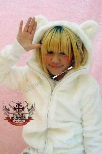 White Q BEAR 1/3 Mask Teddy Ear Hoody Punk Plush Faux Fur Parka Jacket Lined