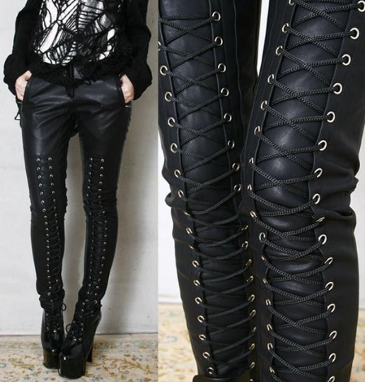 Chic Rock Runway Armor Corset Laceup Vegan Faux Leather Pleather Pants Men Women