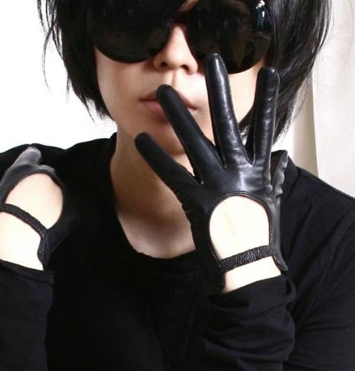 Genuine Leather Fashion Runway Punk Rock Keyhole Lady Slim Gloves Wrist Elastic