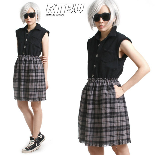 RTBU Cutie Punk Sweatshirt Gray Tartan Flannel Button Sleeveless One Piece Dress
