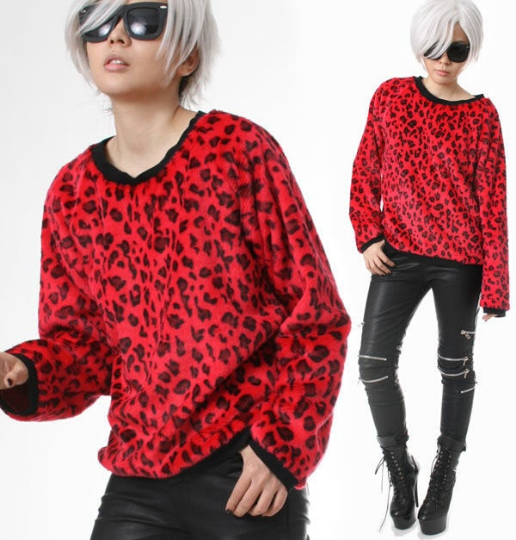 RTBU Punk Rock Red Leopard Anima Vegan Faux Fur Velvet Furry  Pullover Sweatshirt