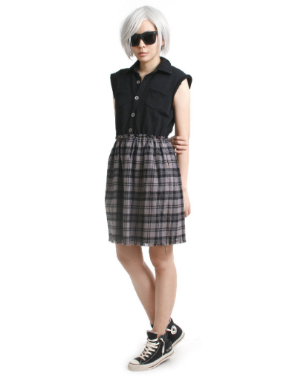 RTBU Cutie Punk Sweatshirt Gray Tartan Flannel Button Sleeveless One Piece Dress