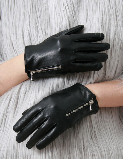 Genuine Leather Lambskin Sheepskin Punk Rocker Biker Dancer Fingers Zip Glove Lined