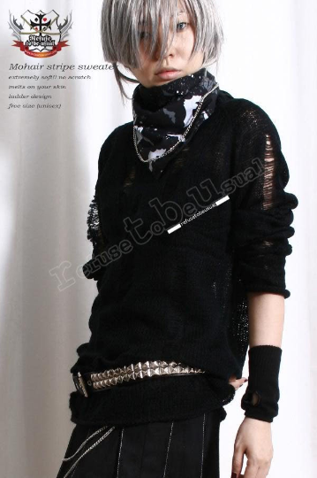 Punk Rock Ripped Broken Ladder Hole Acrylic Mohair Like Sweater Knit Pullover Unisex Oversized Jumper Black One Piece Dress