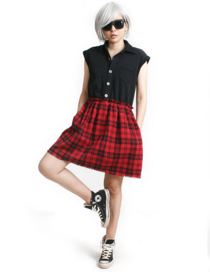 RTBU Cutie Punk Sweatshirt Red Tartan Flannel Button Sleeveless One Piece Dress