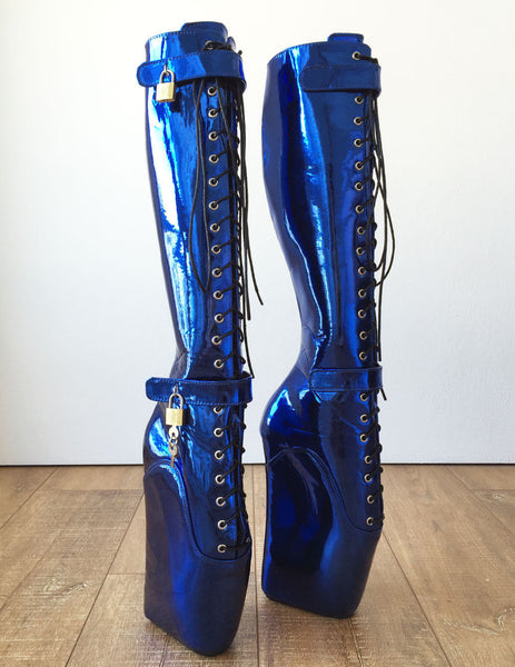 18cm Beginner Metallic Blue Heelless Fetish Punk Goth Pinup Ballet Lockable Boot