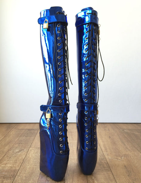 18cm Beginner Metallic Blue Heelless Fetish Punk Goth Pinup Ballet Lockable Boot