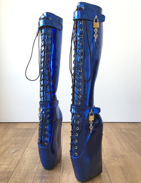 18cm Beginner Metallic Blue Heelless Fetish Punk Goth Pinup Ballet Lockable Boot