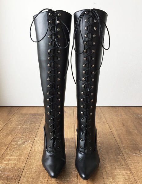 HANA II 12cm Stiletto Heel Hard Shaft Knee Hi Pointed Toe Vintage Style Fetish