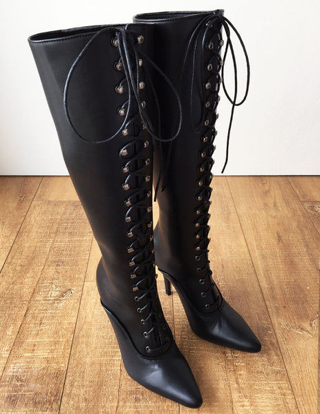 HANA II 12cm Stiletto Heel Hard Shaft Knee Hi Pointed Toe Vintage Style Fetish