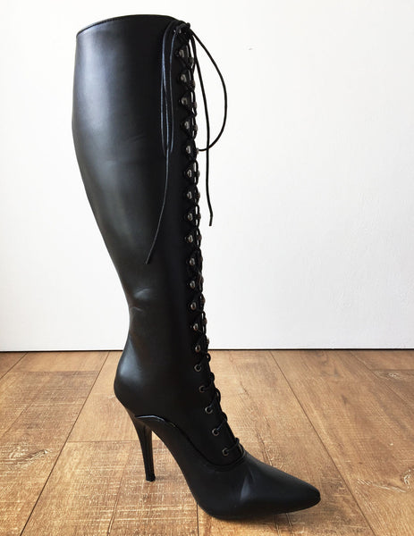 HANA II 12cm Stiletto Heel Hard Shaft Knee Hi Pointed Toe Vintage Style Fetish