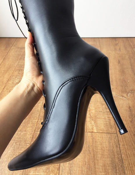 HANA II 12cm Stiletto Heel Hard Shaft Knee Hi Pointed Toe Vintage Style Fetish