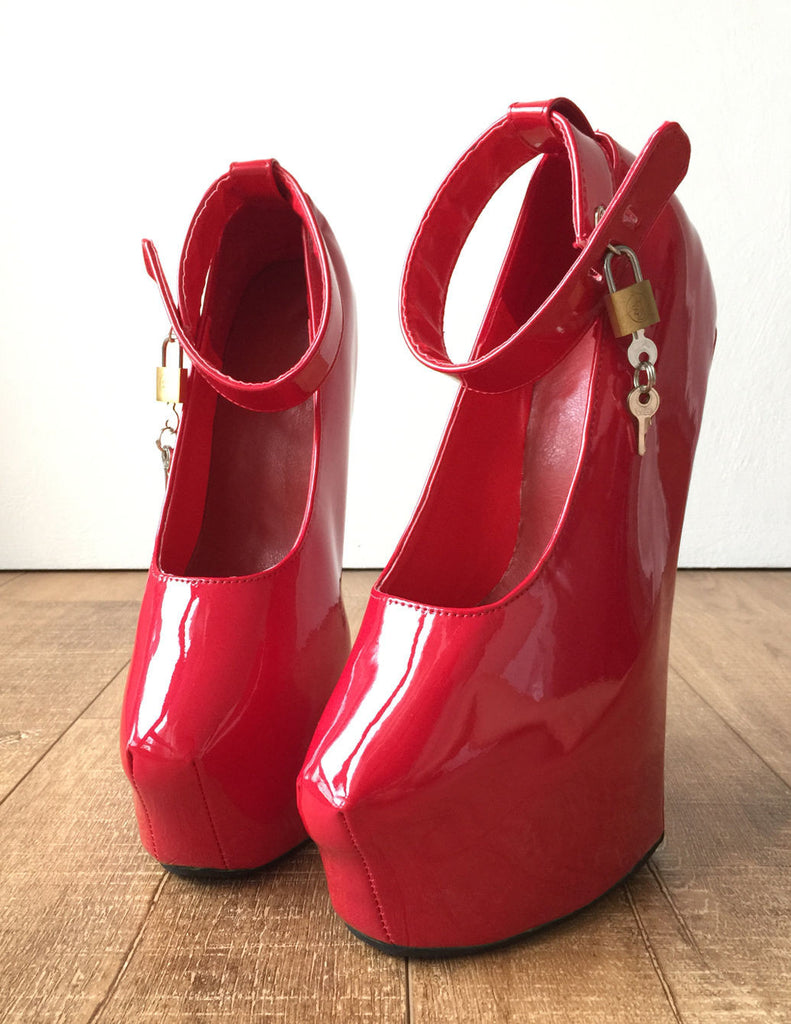 Zora Fetish Heelless Hoof Sole Platform Pump Lockable Padlock Strap Patent Red