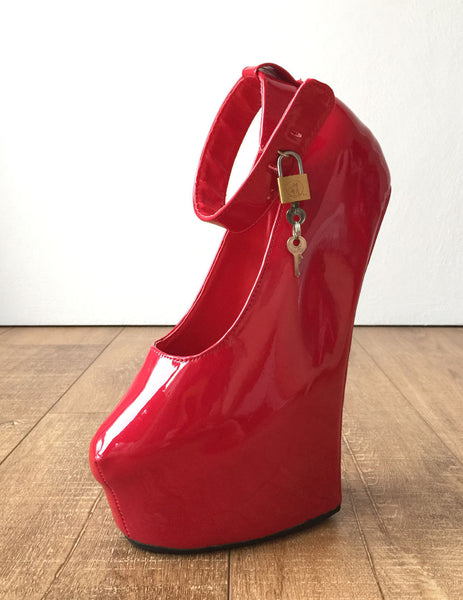 Zora Fetish Heelless Hoof Sole Platform Pump Lockable Padlock Strap Patent Red