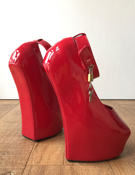 Zora Fetish Heelless Hoof Sole Platform Pump Lockable Padlock Strap Patent Red