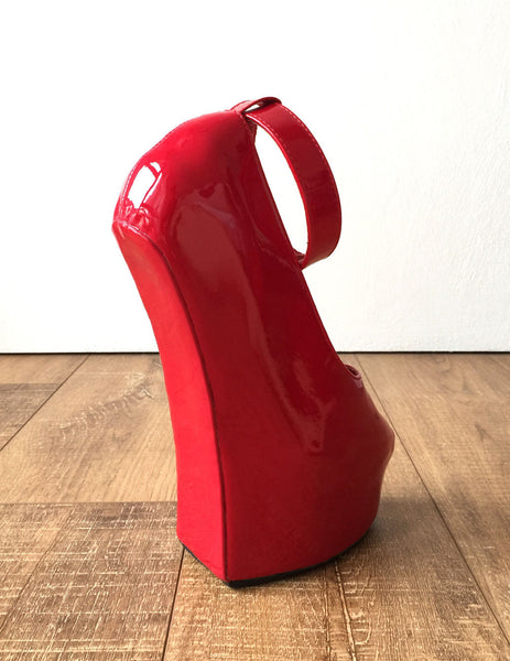 Zora Fetish Heelless Hoof Sole Platform Pump Lockable Padlock Strap Patent Red