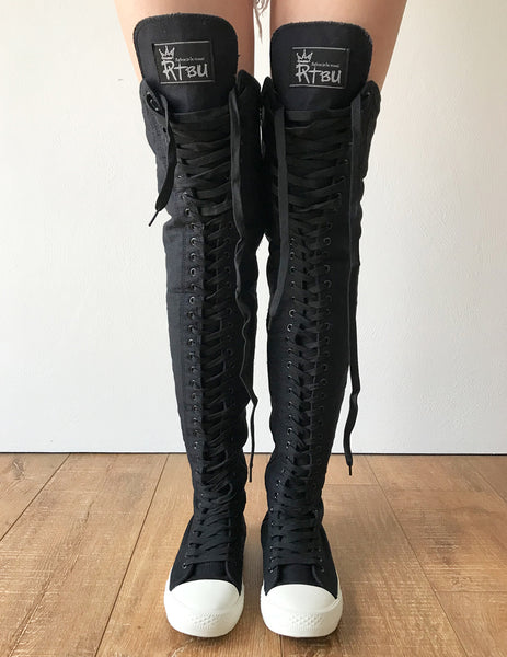 RTBU Ivory Frosting 35 Hole Punk Thigh Hi Black Canvas Lace Up Sneaker Boots