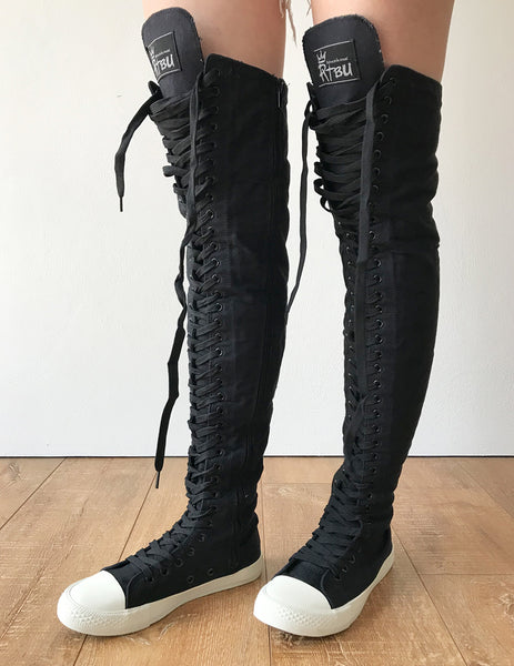 RTBU Ivory Frosting 35 Hole Punk Thigh Hi Black Canvas Lace Up Sneaker Boots