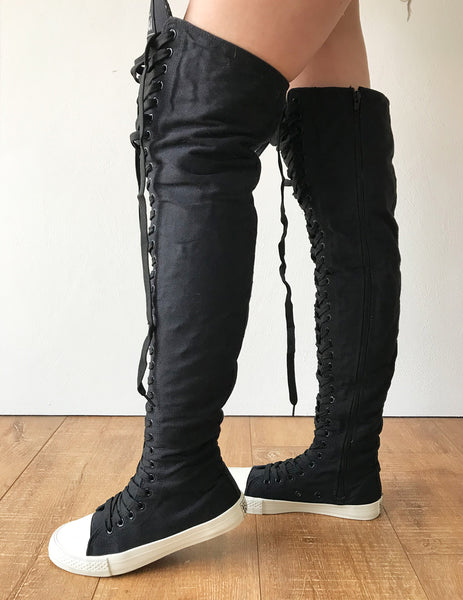 RTBU Ivory Frosting 35 Hole Punk Thigh Hi Black Canvas Lace Up Sneaker Boots