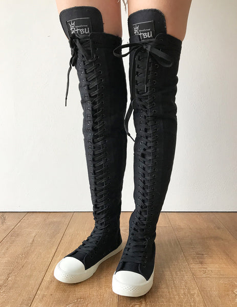 RTBU Ivory Frosting 35 Hole Punk Thigh Hi Black Canvas Lace Up Sneaker Boots