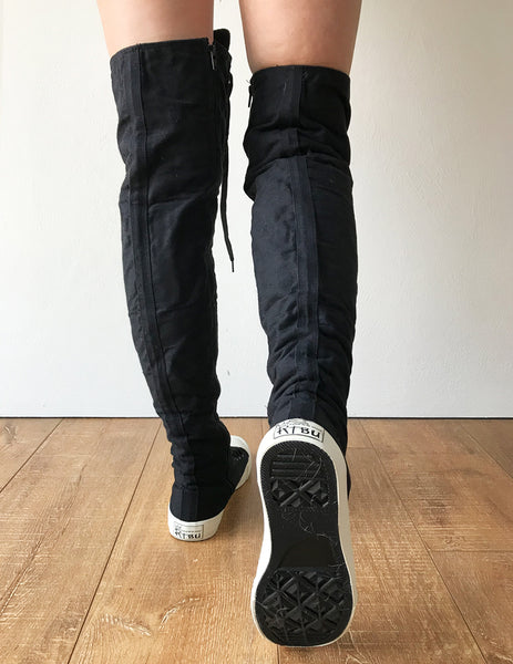 RTBU Ivory Frosting 35 Hole Punk Thigh Hi Black Canvas Lace Up Sneaker Boots