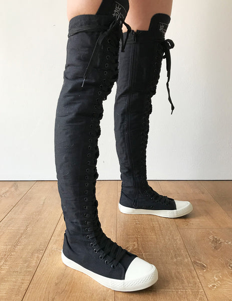 RTBU Ivory Frosting 35 Hole Punk Thigh Hi Black Canvas Lace Up Sneaker Boots