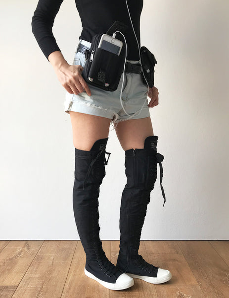 RTBU Ivory Frosting 35 Hole Punk Thigh Hi Black Canvas Lace Up Sneaker Boots