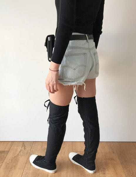 RTBU Ivory Frosting 35 Hole Punk Thigh Hi Black Canvas Lace Up Sneaker Boots