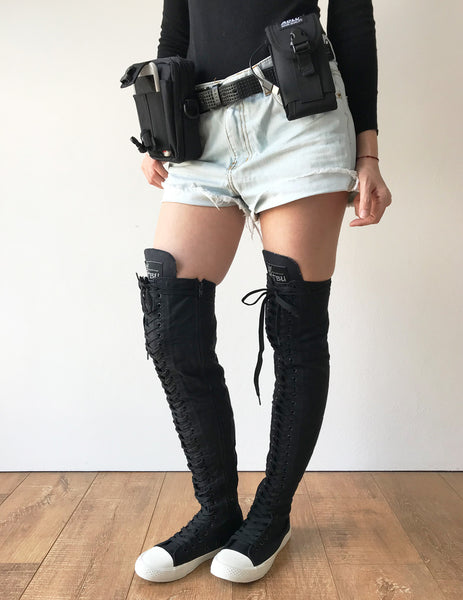 RTBU Ivory Frosting 35 Hole Punk Thigh Hi Black Canvas Lace Up Sneaker Boots