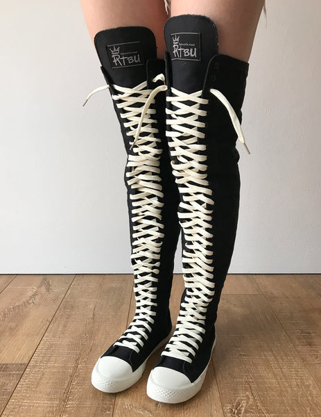 RTBU Ivory Frosting 35 Hole Punk Thigh Hi Black Canvas Lace Up Sneaker Boot