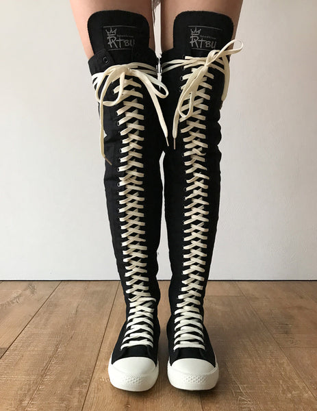 RTBU Ivory Frosting 35 Hole Punk Thigh Hi Black Canvas Lace Up Sneaker Boot
