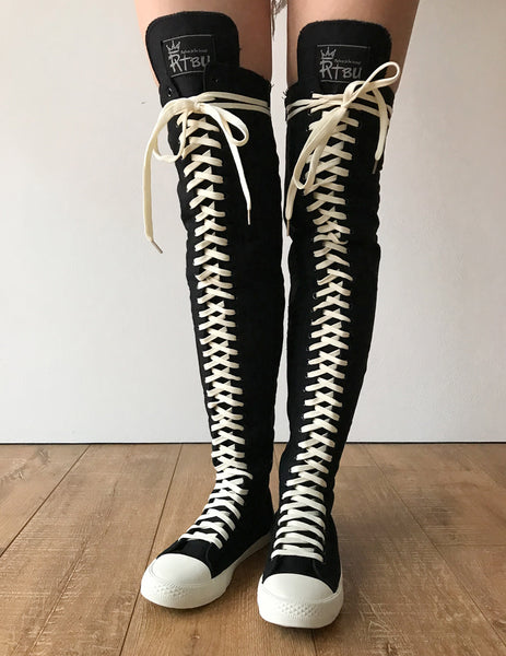 RTBU Ivory Frosting 35 Hole Punk Thigh Hi Black Canvas Lace Up Sneaker Boot